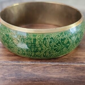 Vintage Green and Gold Enamel Patterned Brass Bangle